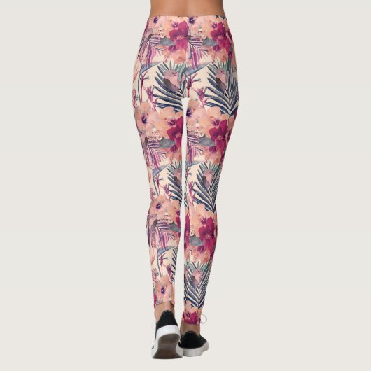 Retro Tropical Hibiskus Wren Pattern Leggings (Rückseite)
