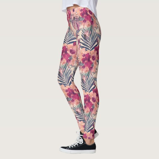 Retro Tropical Hibiskus Wren Pattern Leggings (Links)