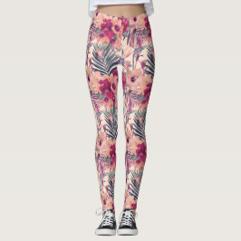 Retro Tropical Hibiskus Wren Pattern Leggings