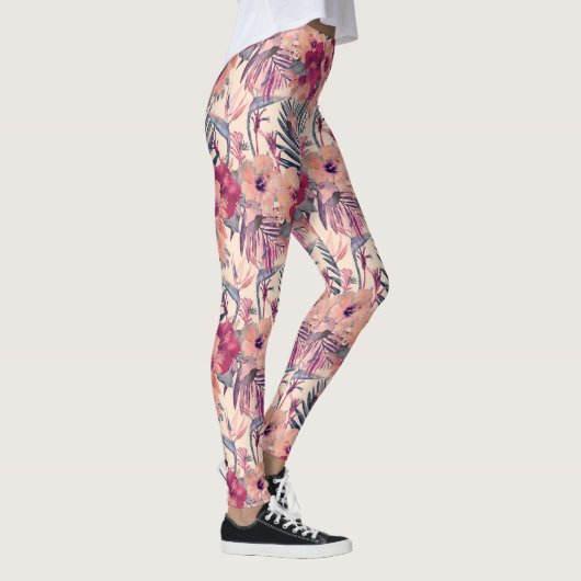 Retro Tropical Hibiskus Wren Pattern Leggings (Rechts)