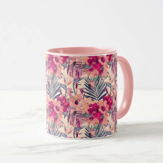Retro Tropical Hibiskus Wren Pattern Tasse (VorderseiteRechts)