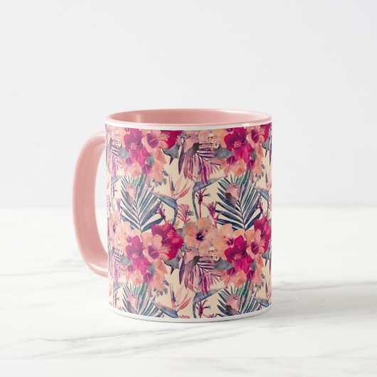 Retro Tropical Hibiskus Wren Pattern Tasse (Vorderseite Links)