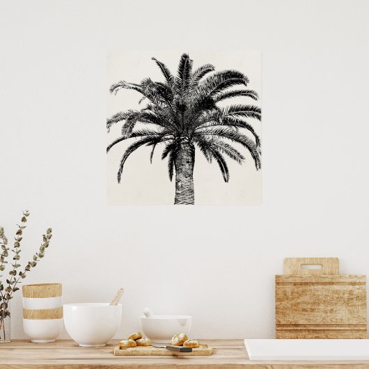 Retro Tropical Island Palm Tree in Schwarz-Weiß Poster (Küche)