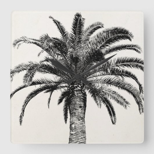 Retro Tropical Island Palm Tree in Schwarz-Weiß Quadratische Wanduhr (Vorderseite)
