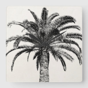 Retro Tropical Island Palm Tree in Schwarz-Weiß Quadratische Wanduhr