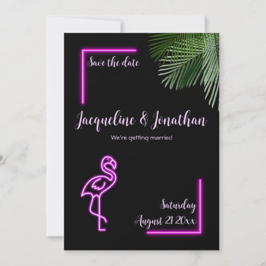Retro Tropical Neon Pink Flamingo Save the Date Einladung (Vorderseite)