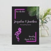 Retro Tropical Neon Pink Flamingo Save the Date Einladung (Stehend Vorderseite)