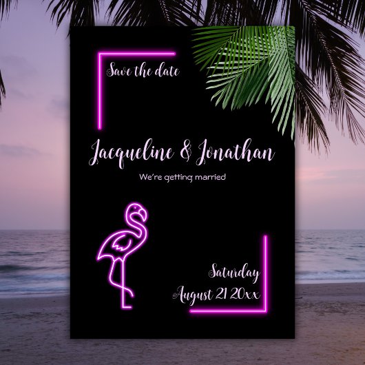 Retro Tropical Neon Pink Flamingo Save the Date Einladung