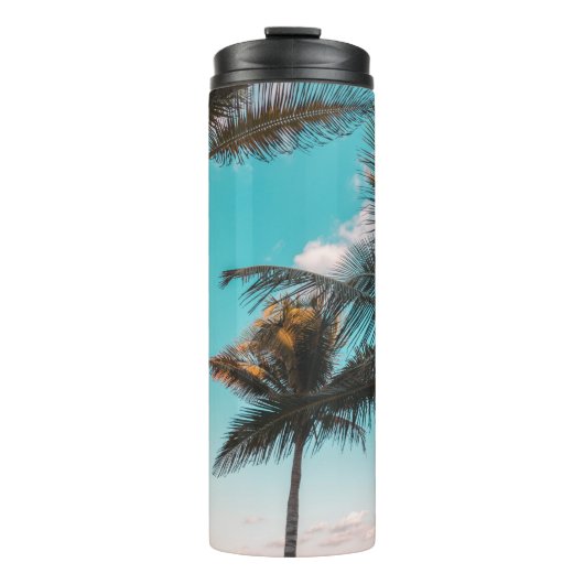 RETRO TROPICAL PALM BAUM AM STRAND THERMOSBECHER (Vorderseite)