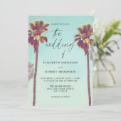 Retro Tropical Palm Trees Coastal Beach Hochzeit Einladung (Stehend Vorderseite)
