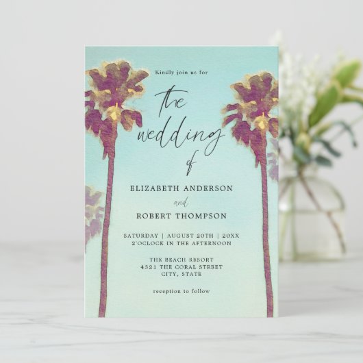 Retro Tropical Palm Trees Coastal Beach Hochzeit Einladung (Stehend Vorderseite)