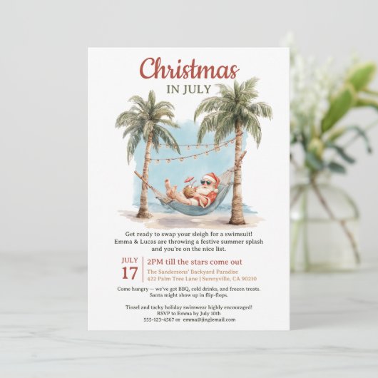 Retro Tropical Santa Hammock Weihnachten Juli Einladung (Stehend Vorderseite)
