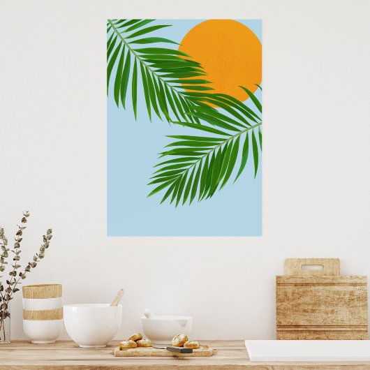 Retro Tropical Sun Palm Blätter Blauer Minimal Poster (Küche)
