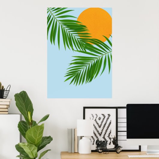 Retro Tropical Sun Palm Blätter Blauer Minimal Poster (Heimbüro)