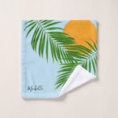 Retro Tropical Sun Palm Blätter Blauer Minimaler N Badhandtuch Set (Waschlappen)