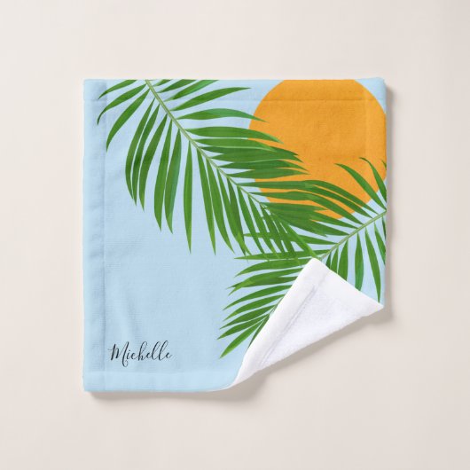 Retro Tropical Sun Palm Blätter Blauer Minimaler N Badhandtuch Set (Waschlappen)