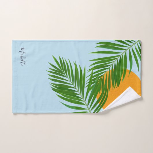 Retro Tropical Sun Palm Blätter Blauer Minimaler N Badhandtuch Set (Handtuch)