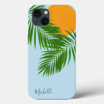 Retro Tropical Sun Palm Blätter Blauer Minimaler N