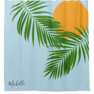 Retro Tropical Sun Palm Blätter Blauer Minimaler N Duschvorhang