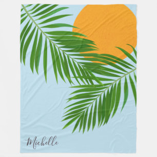 Retro Tropical Sun Palm Blätter Blauer Minimaler N Fleecedecke
