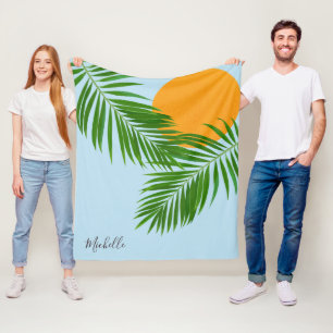 Retro Tropical Sun Palm Blätter Blauer Minimaler N Fleecedecke
