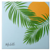 Retro Tropical Sun Palm Blätter Blauer Minimaler N Fliese (Vorderseite)