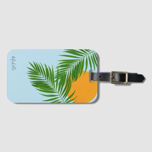 Retro Tropical Sun Palm Blätter Blauer Minimaler N Gepäckanhänger (Vorderseite (Horizontal))