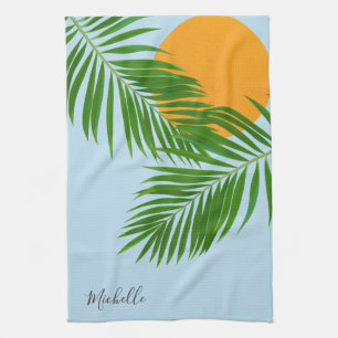 Retro Tropical Sun Palm Blätter Blauer Minimaler N Geschirrtuch