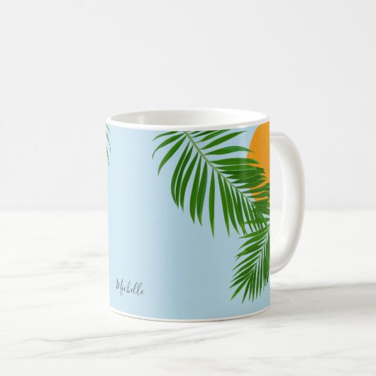 Retro Tropical Sun Palm Blätter Blauer Minimaler N Kaffeetasse (VorderseiteRechts)