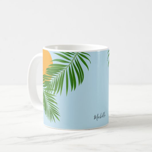 Retro Tropical Sun Palm Blätter Blauer Minimaler N Kaffeetasse (Vorderseite Links)