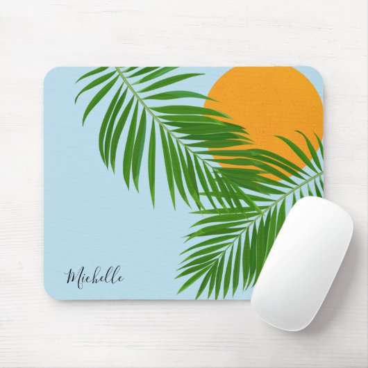 Retro Tropical Sun Palm Blätter Blauer Minimaler N Mousepad (Mit Mouse)
