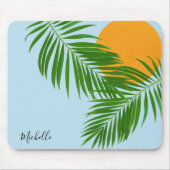 Retro Tropical Sun Palm Blätter Blauer Minimaler N Mousepad (Vorne)