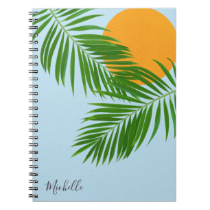 Retro Tropical Sun Palm Blätter Blauer Minimaler N Notizblock