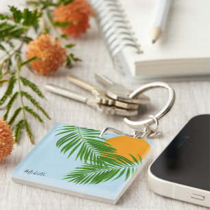 Retro Tropical Sun Palm Blätter Blauer Minimaler N Schlüsselanhänger