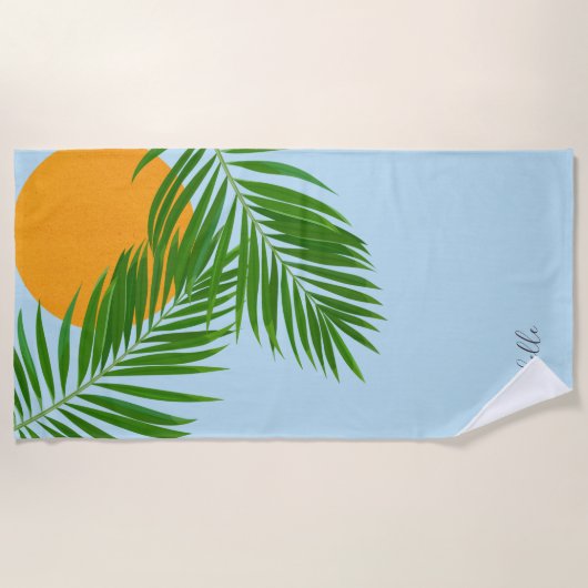 Retro Tropical Sun Palm Blätter Blauer Minimaler N Strandtuch (Vorderseite)