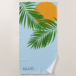 Retro Tropical Sun Palm Blätter Blauer Minimaler N Strandtuch