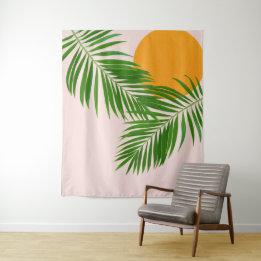 Retro Tropical Sunset Palm Blätter Minimalistisch Wandteppich