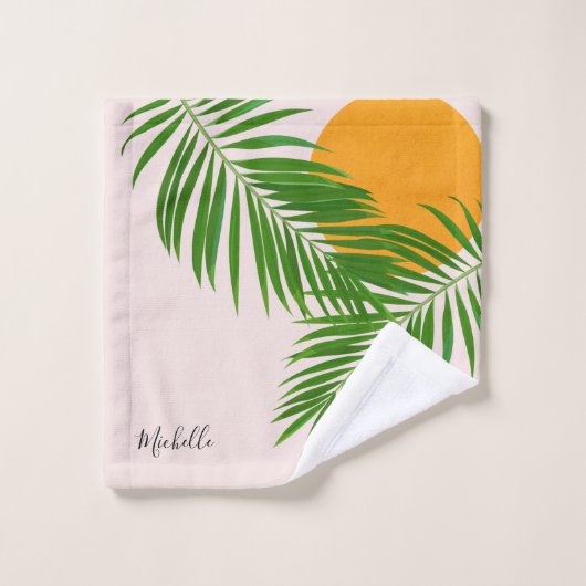Retro Tropical Sunset Palm Blätter Minimalistische Badhandtuch Set (Waschlappen)