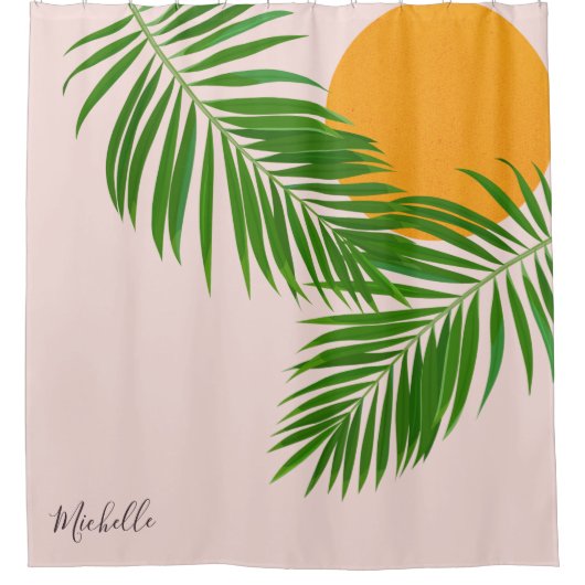 Retro Tropical Sunset Palm Blätter Minimalistische Duschvorhang (Vorderseite)