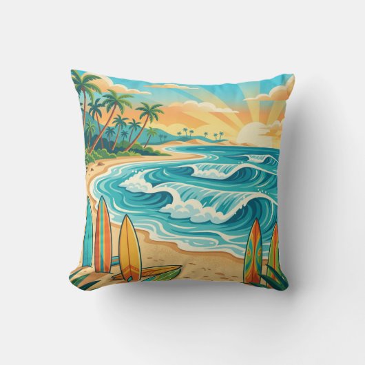 Retro Tropical Surf Beach Waves Throw Pillow Kissen (Vorderseite)