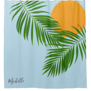 Retro Tropische Sonne Palmenblätter Blau Minimal N Duschvorhang