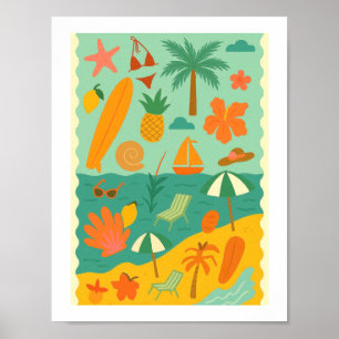 Retro-Tropische Strandcollage Surfen Sommerurlaub Poster