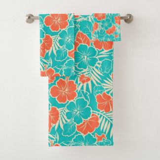 Retro Tropischer Hibiskus und Palmeneiland Kunst Badhandtuch Set