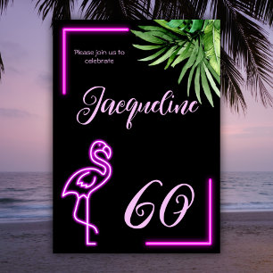 Retro-tropischer Neon-Pink-Flamingo 60. Geburtstag Einladung