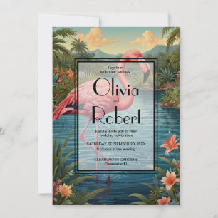Retro-tropischer rosa Flamingo Einladung