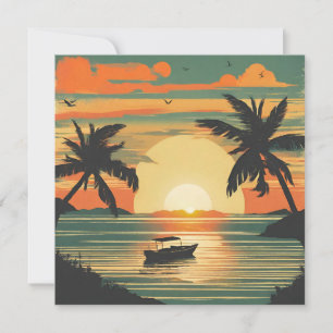 Retro Tropischer Sonnenuntergang mit Boot Karte