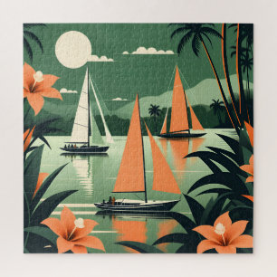 Retro-Tropischer Strand und Segelboote Retro  Puzzle