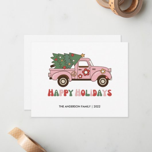 Retro Truck Happy Holidays Weihnachtskarte Mitteilungskarte (Vorderseite/Rückseite Beispiel)