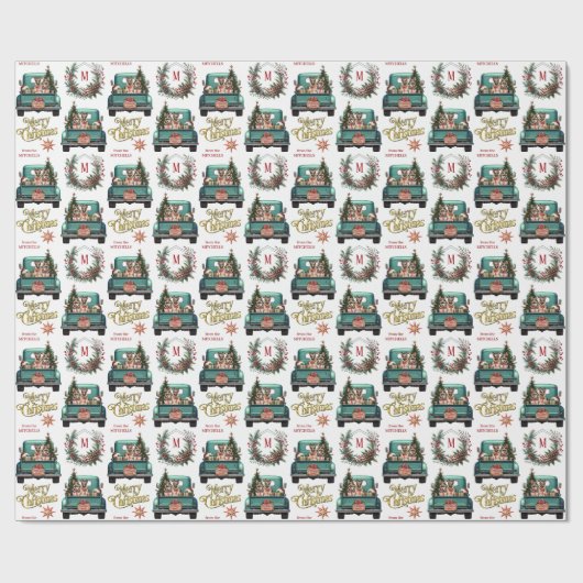 Retro Truck Monogram Weihnachten Geschenkpapier (Flach)