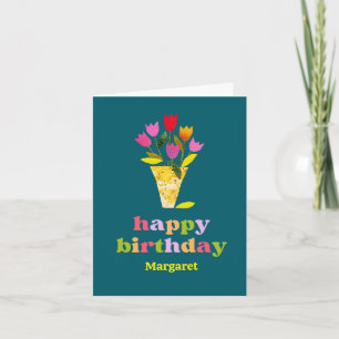 Retro Tulips Floral Personalisiert Aquamarin Gebur Karte